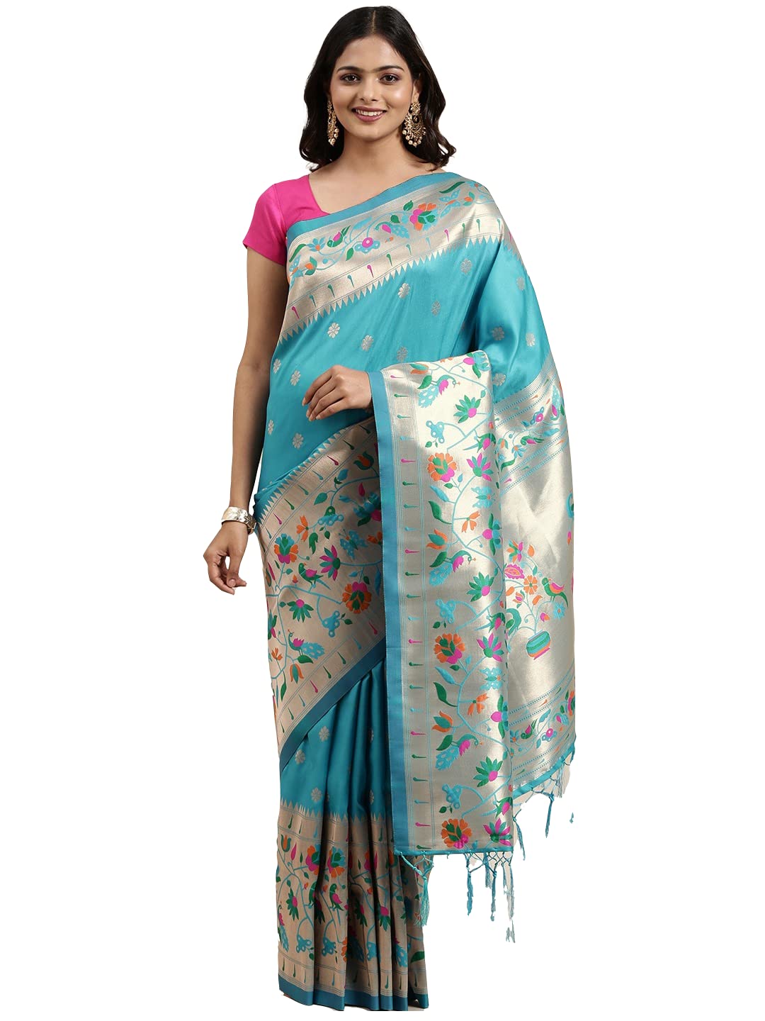 Pandadi Saree Women's Paithani Silk Saree With Blouse Piece (371PS1_Blue)