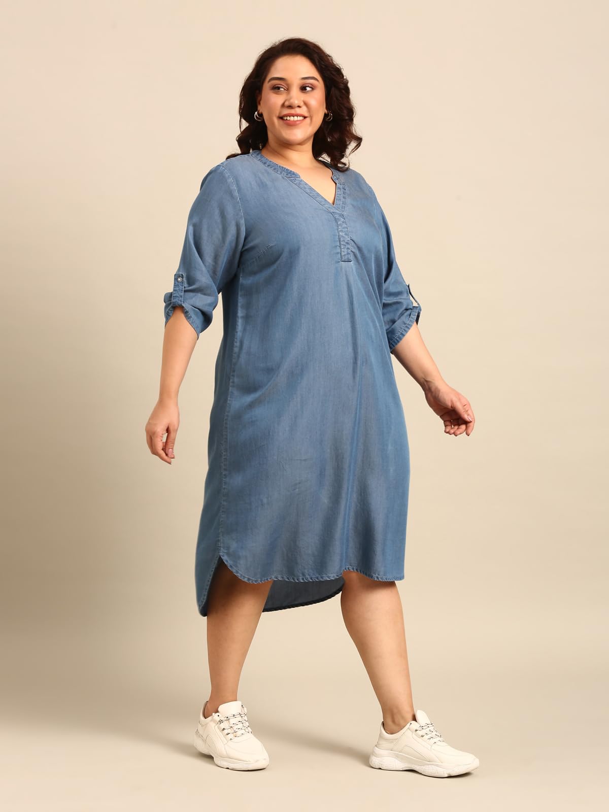 The Pink Moon Women's Midi A-Line Plus Size Denim Dress - (DRS_NIM18_Tencel_Blue_3XL)