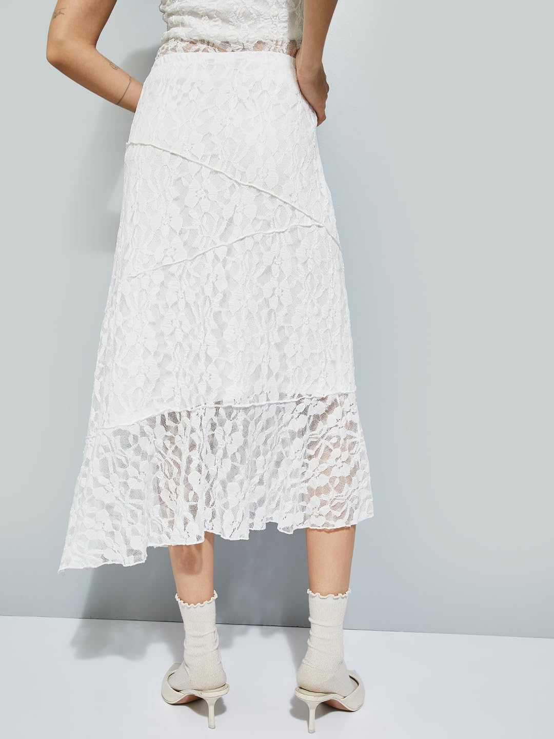 Max Women Lace A-line Midi Skirt(Off White_XL)