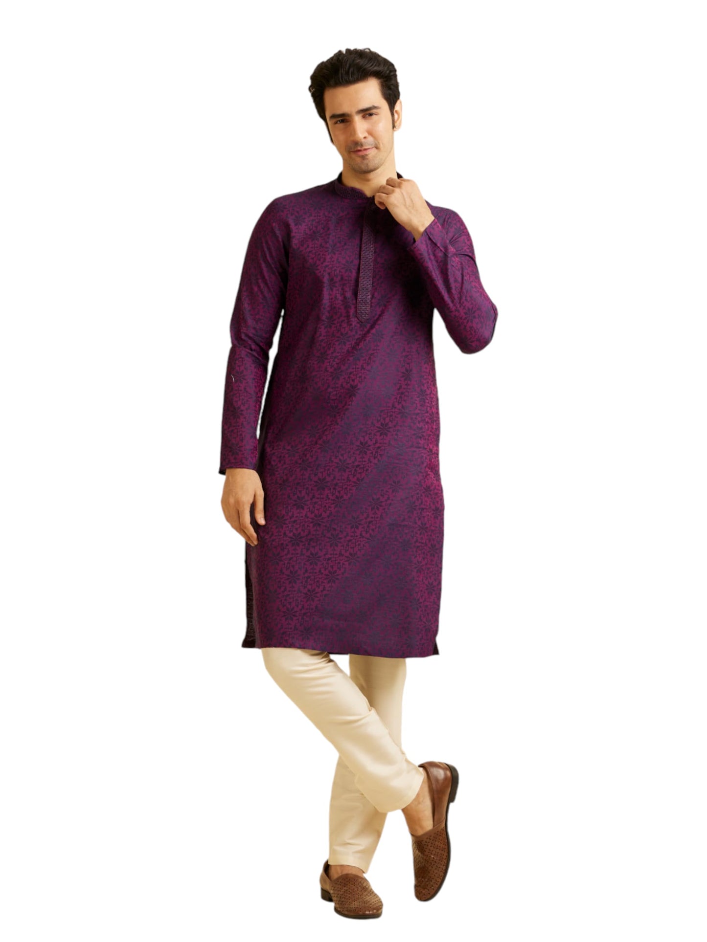 Manyavar Men's Viscose Blend Jacquard Embroidered Kurta Pyjama Set (Purple,L)