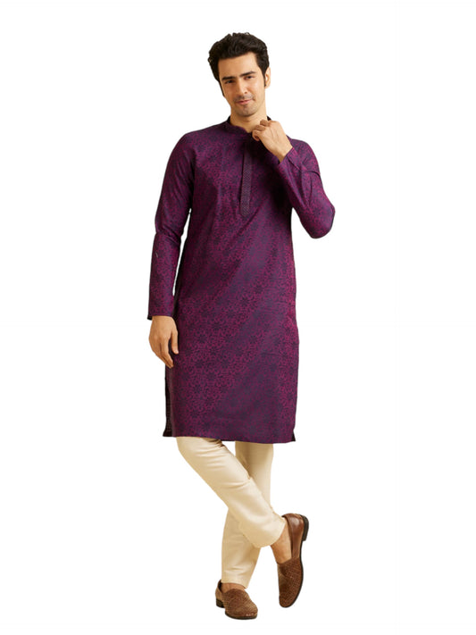 Manyavar Men's Viscose Blend Jacquard Embroidered Kurta Pyjama Set (Purple,L)