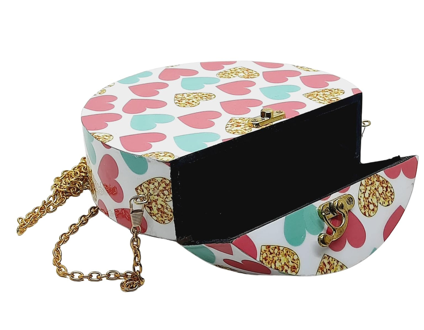 Trend Overseas Women's Handmade Wooden Printed Round Ethnic Clutch Bag/Bridal Purse/Handbag_Crossbody Sling Bags for Party (7.5 Inch) (Pink Heart)