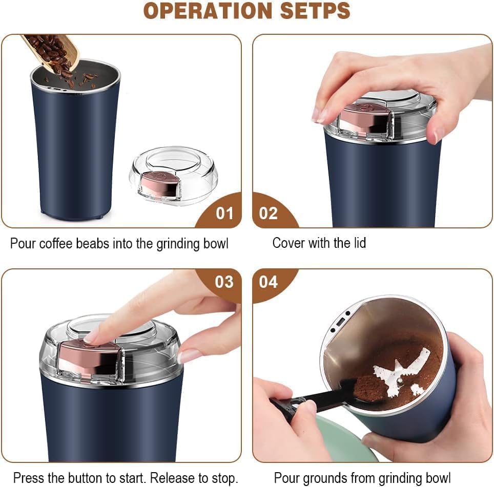 QONETIC Portable Electric Coffee Grinder Spice & Coffee Bean Grinder Stainless Steel 4 Blade Mixer Grinder for Masala & Herb Push Button Control Durable Grinding Machine for Dry Item (Blue)