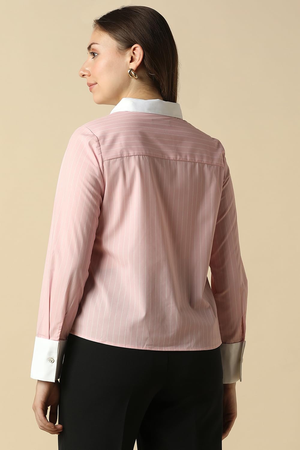Women Pink Stripe Long Sleeves Shirt