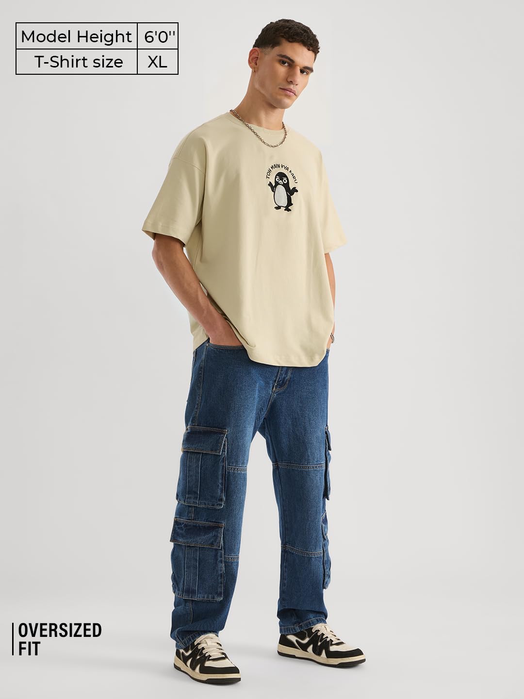 The Souled Store Oversized T-Shirt: to Main Kya Karu Men and Boys Short Sleeves Round Neck Beige Embroidered Casual Wear Oversized T-Shirt