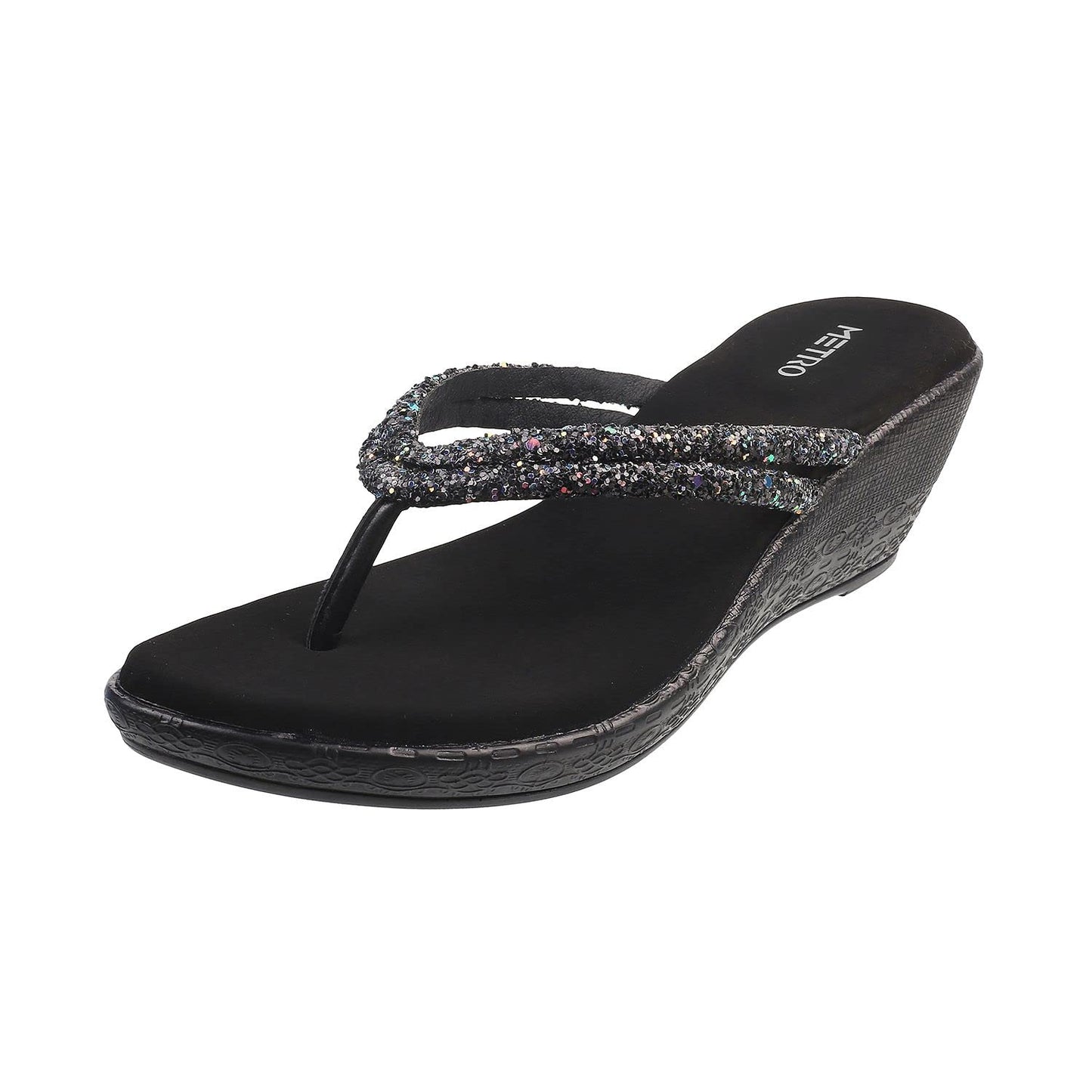 Metro Women Black Synthetic Leather Wedge Heel Sandal - SaumyasStore