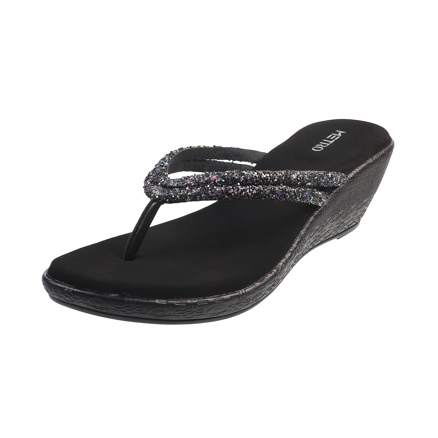 Metro Women Black Synthetic Leather Wedge Heel Sandal - SaumyasStore