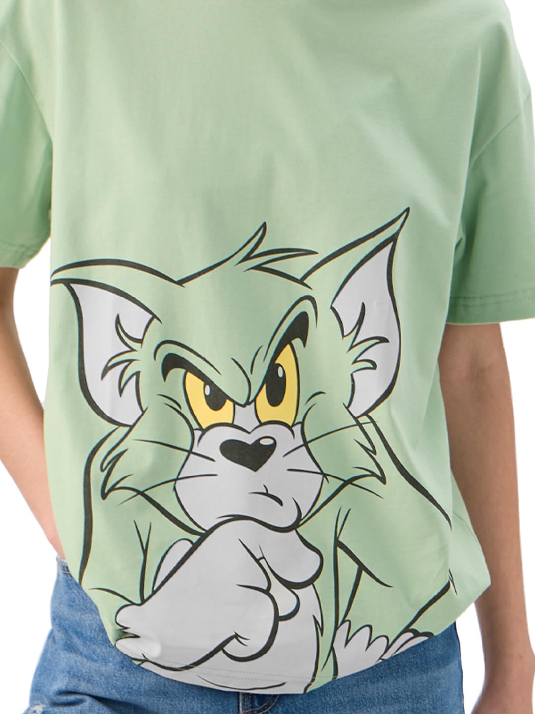 The Souled Store Official Tom and Jerry: Time to Think Women and Girls Short Sleeve Round Neck Green Graphic Printed Cotton Oversized T-Shirts