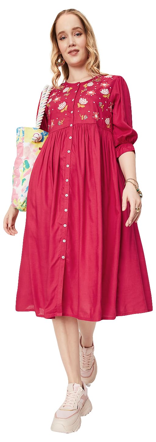 Max Women Embroidered Fit & Flare Midi Dress (EMBDRS33008RED)_M