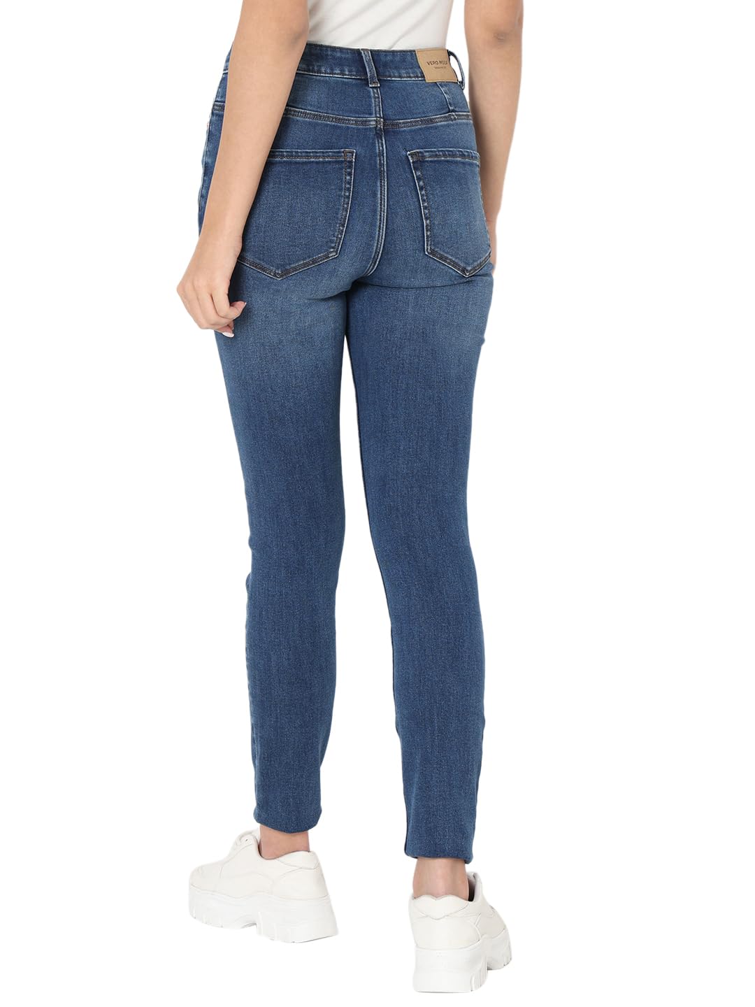 VERO MODA Women Solid Medium Blue Cotton Skinny Fit Ankle Length High Rise Jeans