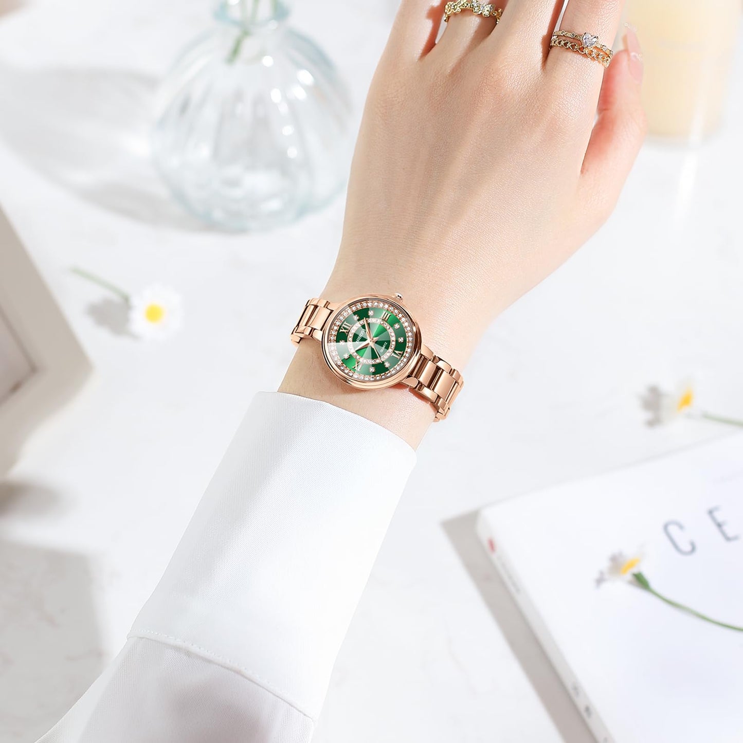 NIBOSI Women Watches Rose Gold Stainless Steel Analog Quartz Luxury Diamond Latest Watch for Ladies Luxury Stylish Waterproof (Rose Green)