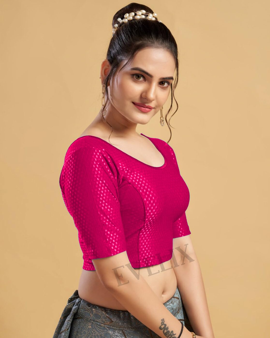 EVELIX Ethnic Designer 3/4 Sleeve Blouse for Women Cotton Lycra, Stretchable, Readymade - Stylish Round Neck Blouse for Saree, Choli, and Lehenga - Pull On Design (Magenta Pink, 40 to 44 (Big Sizes))