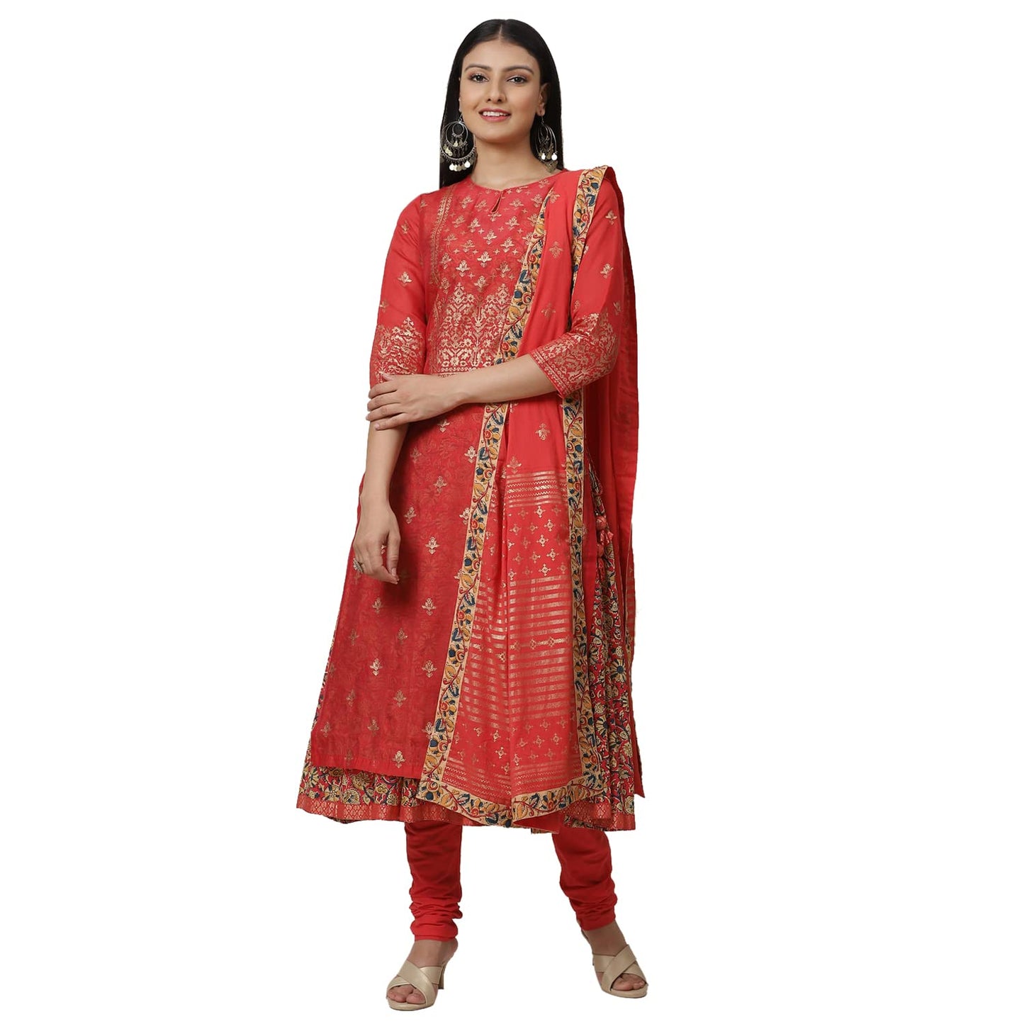 BIBA Women Printed Fitted Polyester Salwar Kurta Dupatta(Skddurgotsa7567_Red_34)