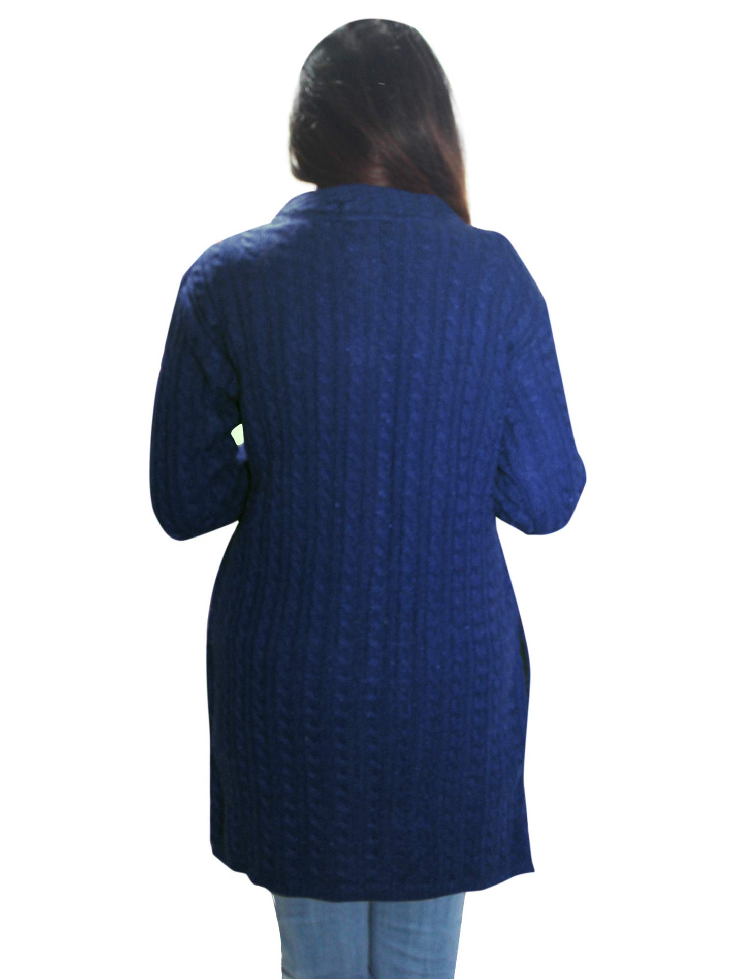 HAUTEMODA Women's Wool Round Neck Embroidered Long Cardigan Sweater (Ad04Sa01_Peach) (3XL, Navy Blue)