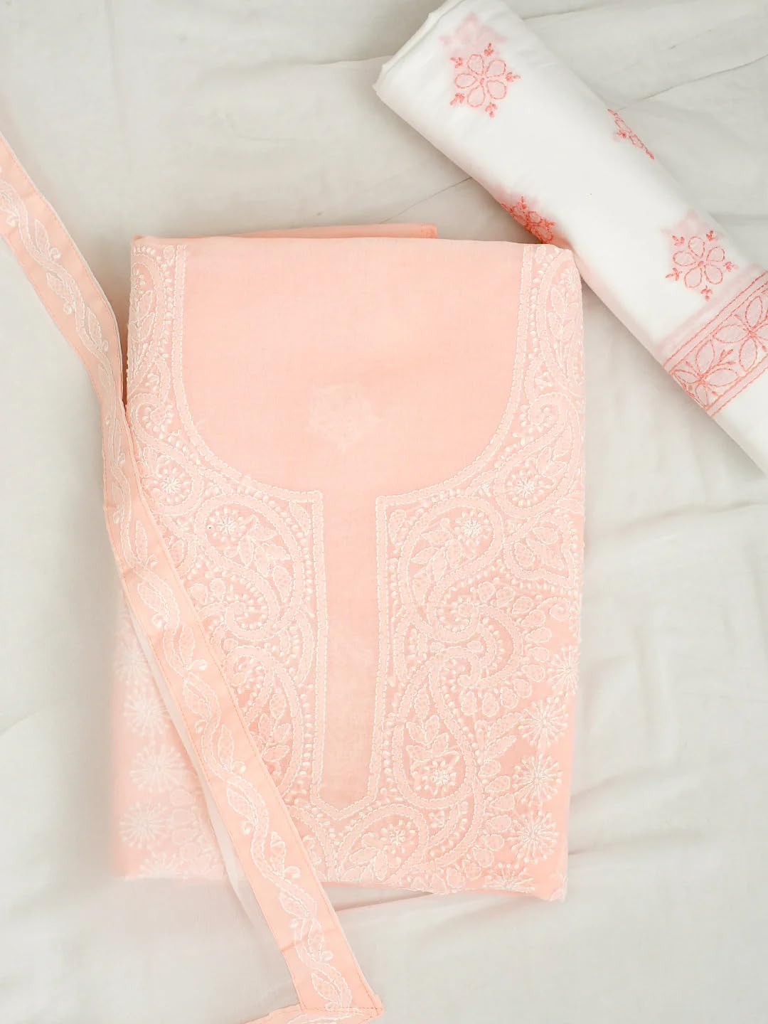 Ada Hand Embroidered Lucknowi Chikankari Unstitched Cotton Dress Material Suit Piece with Dupatta for Women A211366 Peach