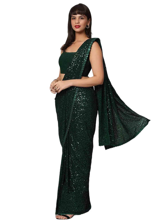 Zeel Clothing Women's Dark Green Sequins Work Heavy Georgette Saree with Blouse (1008-Deep-Green-Sequins-Party-Saree-New, Deep Green)