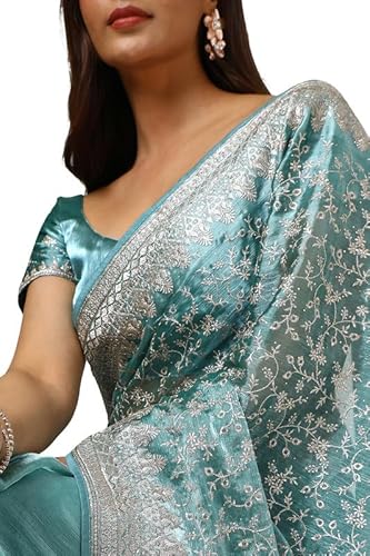 Soch Womens Teal Organza Embroidered Saree With Stone Work