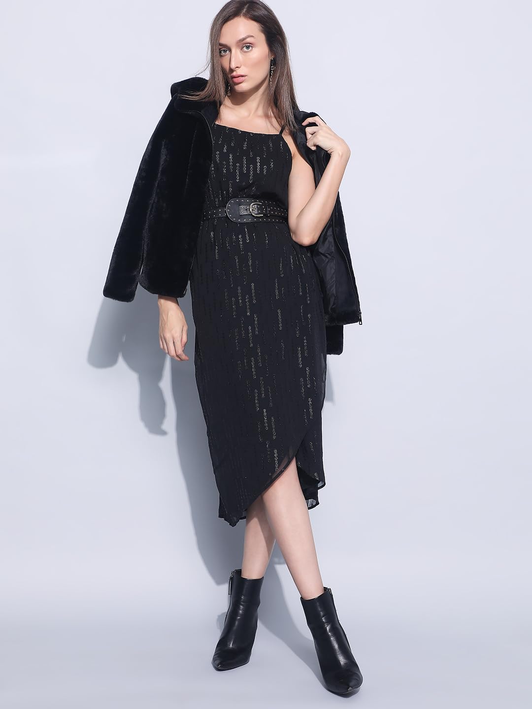 VERO MODA Women's Polyester Fit and Flare Midi Dress (10306323-Jet Black_Jet