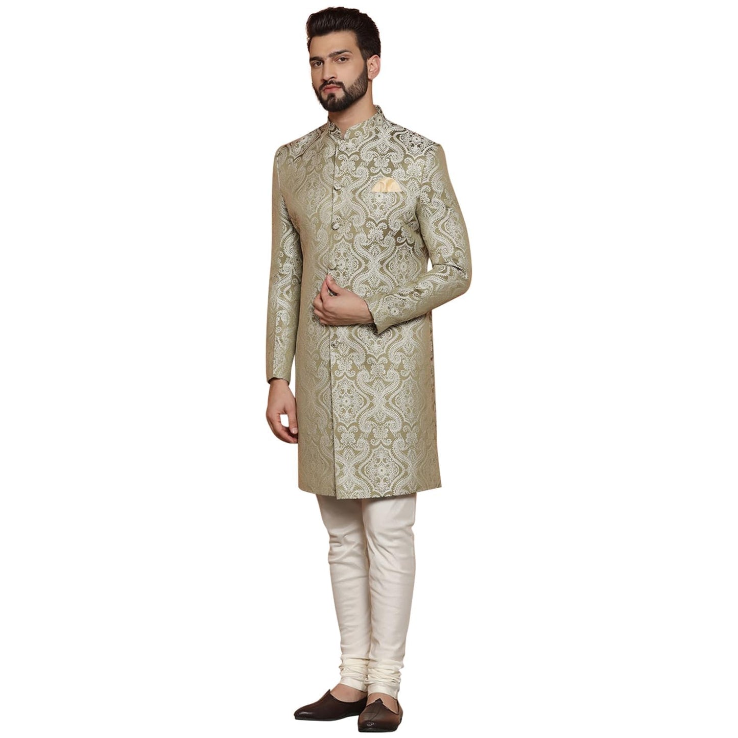 KISAH Sherwani for Men Wedding – Embroidered Indo Western Sherwani with Churidar | Designer Ethnic Outfit for Groom & Festivals, Olive, 40