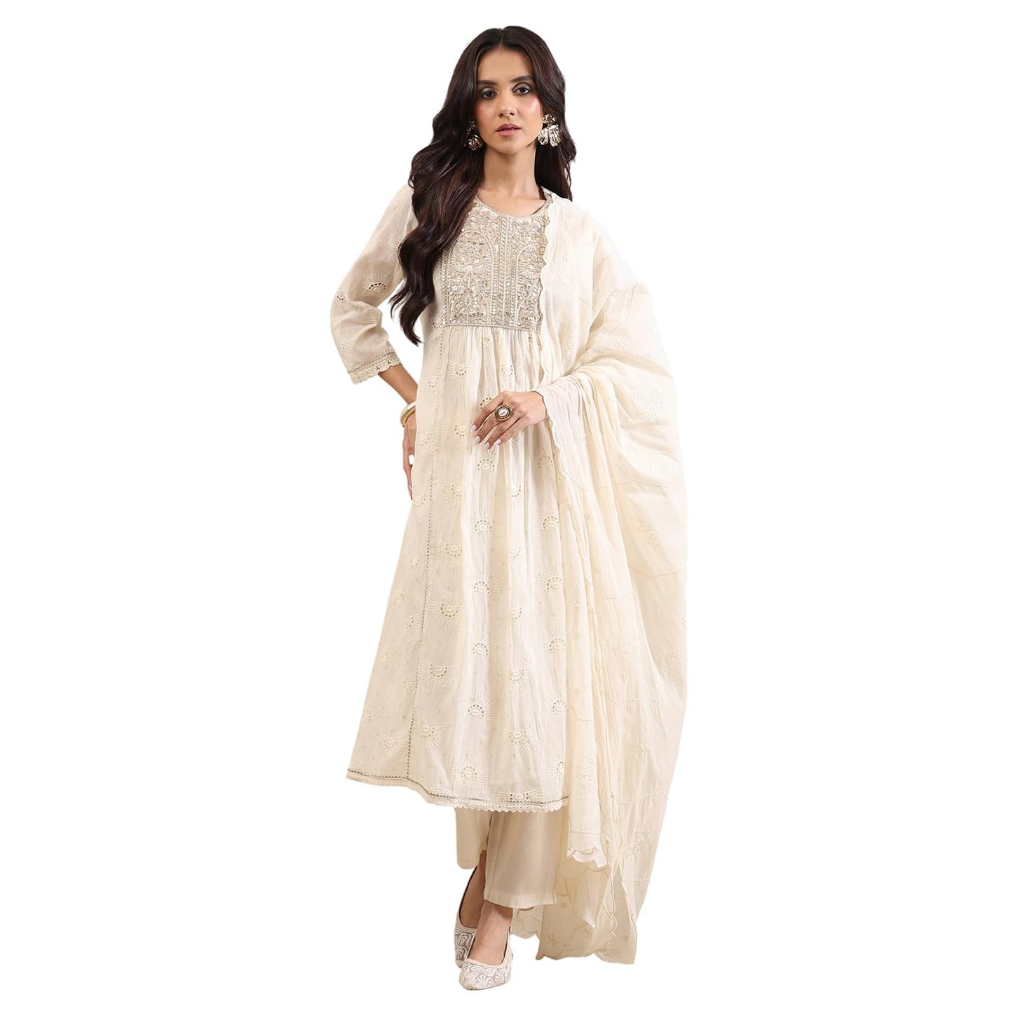 Biba Women Yellow Cotton Gathered Suit Set_32