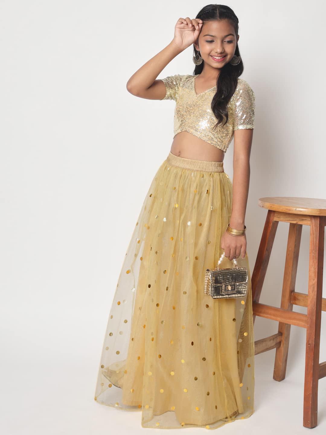 studio rasa Girls Net Polka Foil Printed Kids Gathered Skirt for Festive Wedding Party (GSC12306/7-8_Beige_7-8Y)