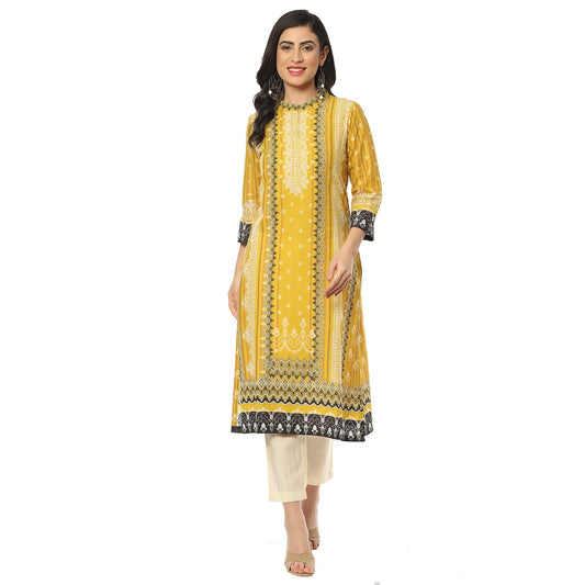 BIBA Women's Ochre Cotton Straight Printed Kurta