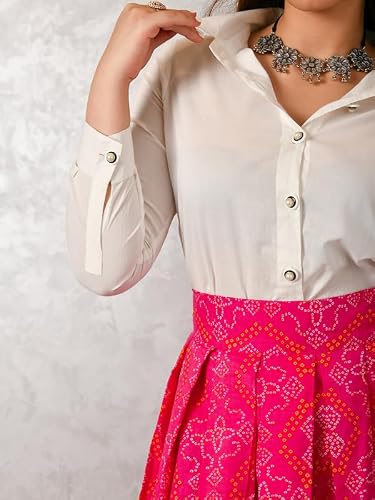 Aaheli Women’s Printed Bandhani Shirt and Skirt Set | Laasya Ethnic Co-Ord Set with Long Shirt and Flared Maxi Skirt | Traditional Festive Occasion Wear Outfit | White & Pink