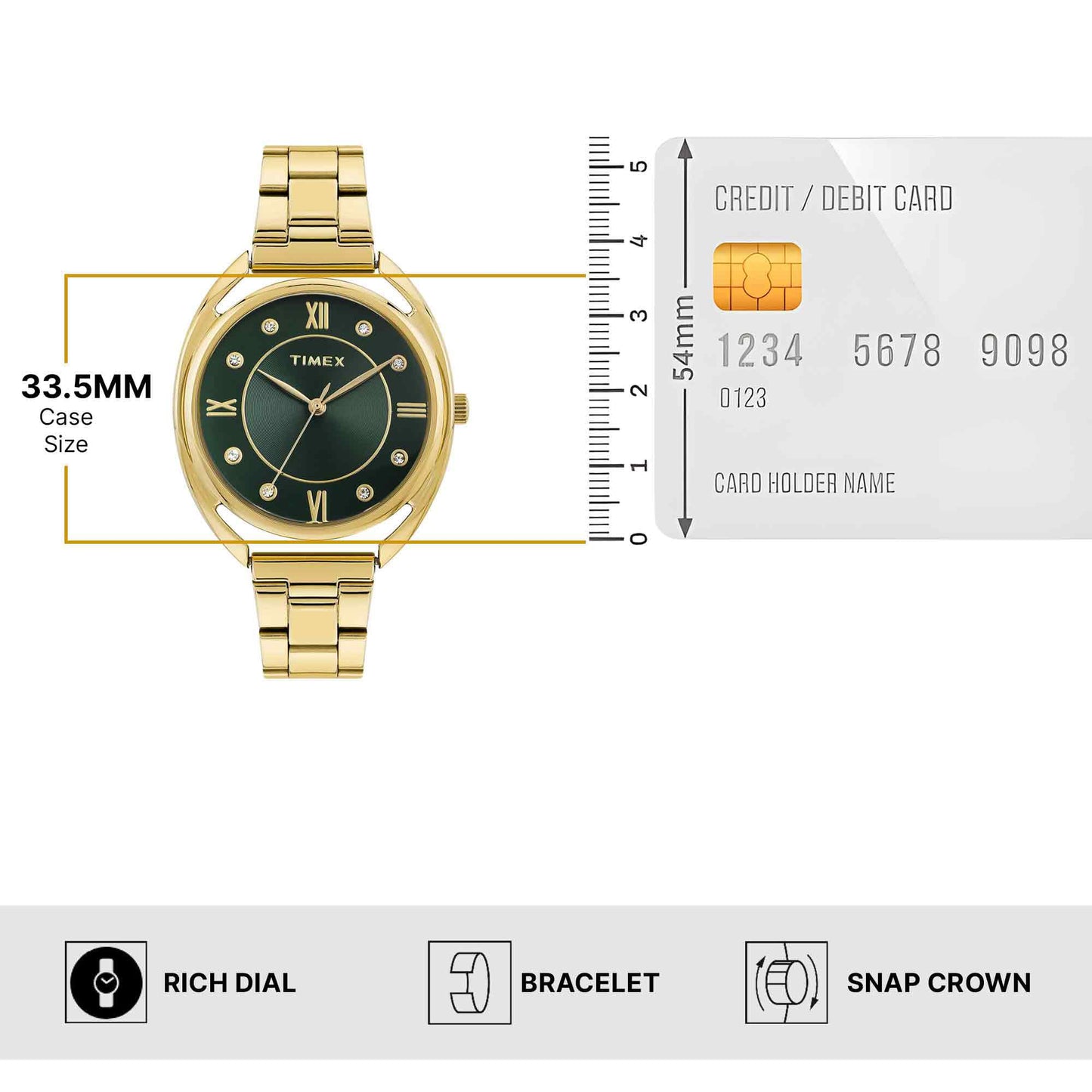 TIMEX Analog Watch for Women with Green Dial & Gold Stainless Steel Bracelet Band - Water Resistant Women's Wrist Watches -TWEL231SMU03