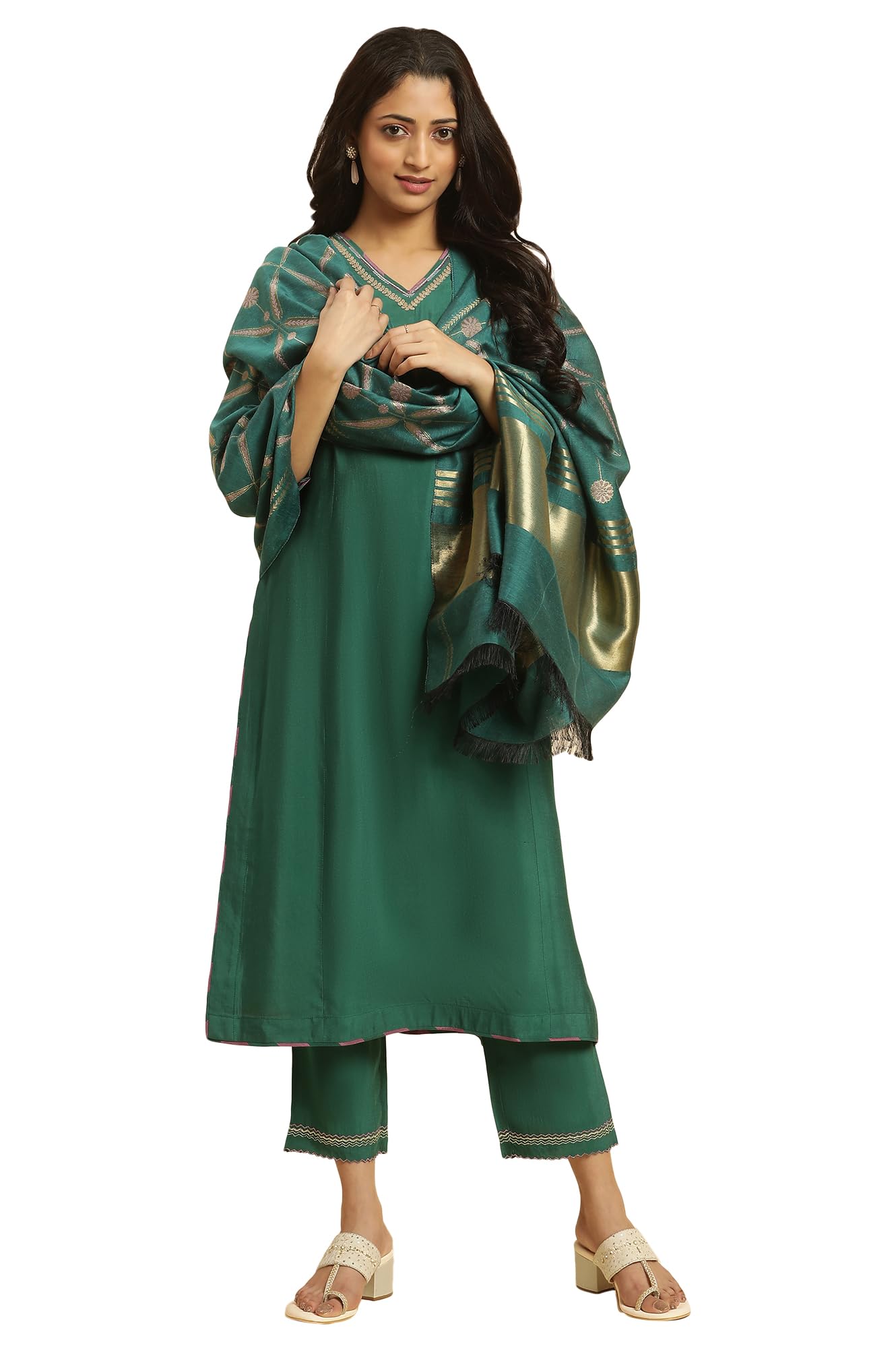 W for Woman Green Solid Kurta, Pants and Jacquard Dupatta_24AUWS19528-220336_S
