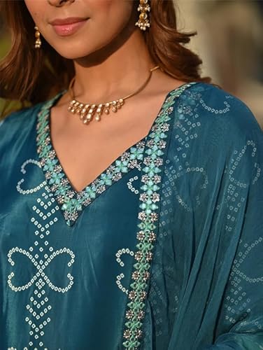 AVYUKTHA | Women Bandhani Printed Kurta Set with Trors & Dupatta | for Festive, Casual & Daily | Aqua | Size- XL
