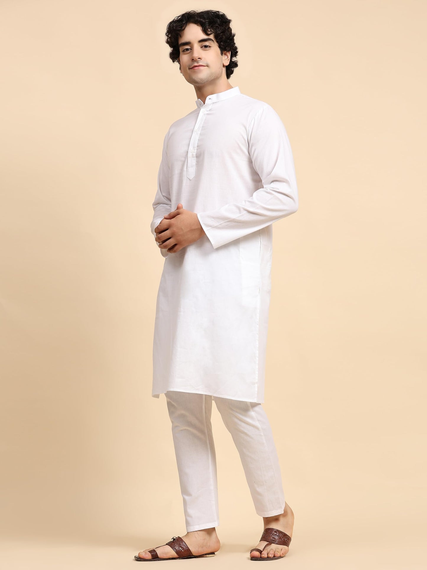 SKAVIJ Cotton Men's Casual Kurta Pajama Set Regular Fit Traditional Dress Yoga Outfit White, Small