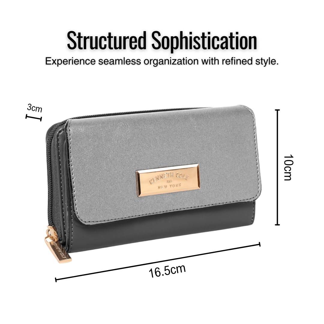 KENNETH COLE Ladies Front Flap Wallet | Women's Tri-fold Clutch Organizer with a Wide 3-Quarter Opening Zip-Around Compartment | Premium PU Leather | Sturdy, Stylish & Secure, GUN METAL
