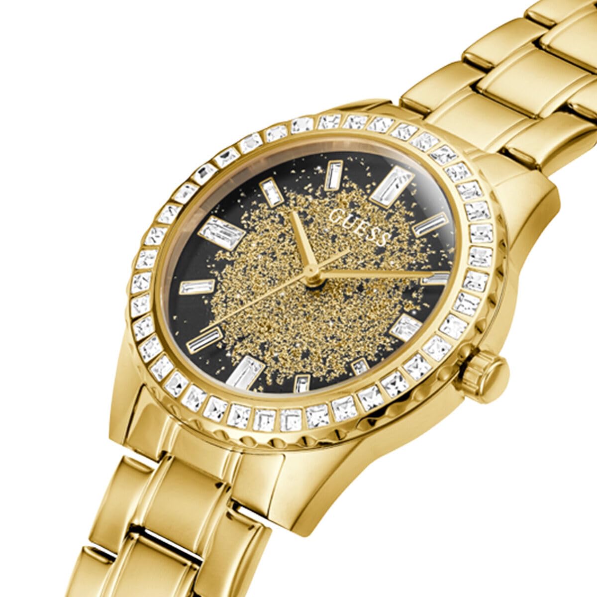 GUESS Stainless Steel Glitter Burst Collection Analog Black Dial Women Watch-Gw0405L2, Gold Band