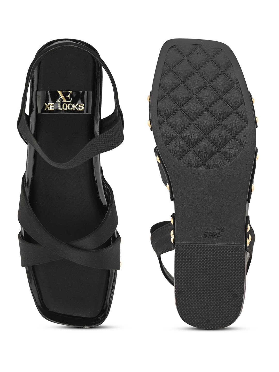 XE Looks Women's Black Wedges Sandals | Cross Strap Design with Gold Stud Detailing | Comfortable, Attractive & Fancy Ankle Strap-Wedges Cushioned Footbed | Trendy Wedges Sandals For Girls & Women