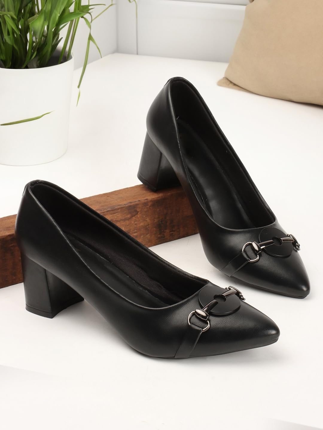 Carlton London Women Black Stylish Slip-on Pump Shoes with Block Heels, Pointed Toe for Party and Formal Occasions (39)