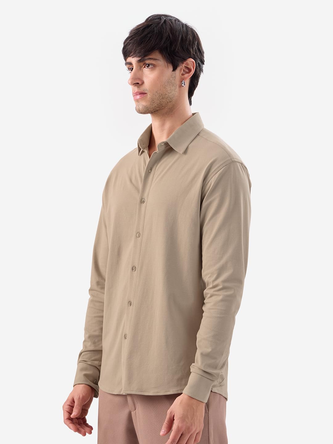 The Souled Store Mudbrown Men and Boys Long Sleeve Collared Neck Button Front Solid Regular Fit Cotton Textured Shirts