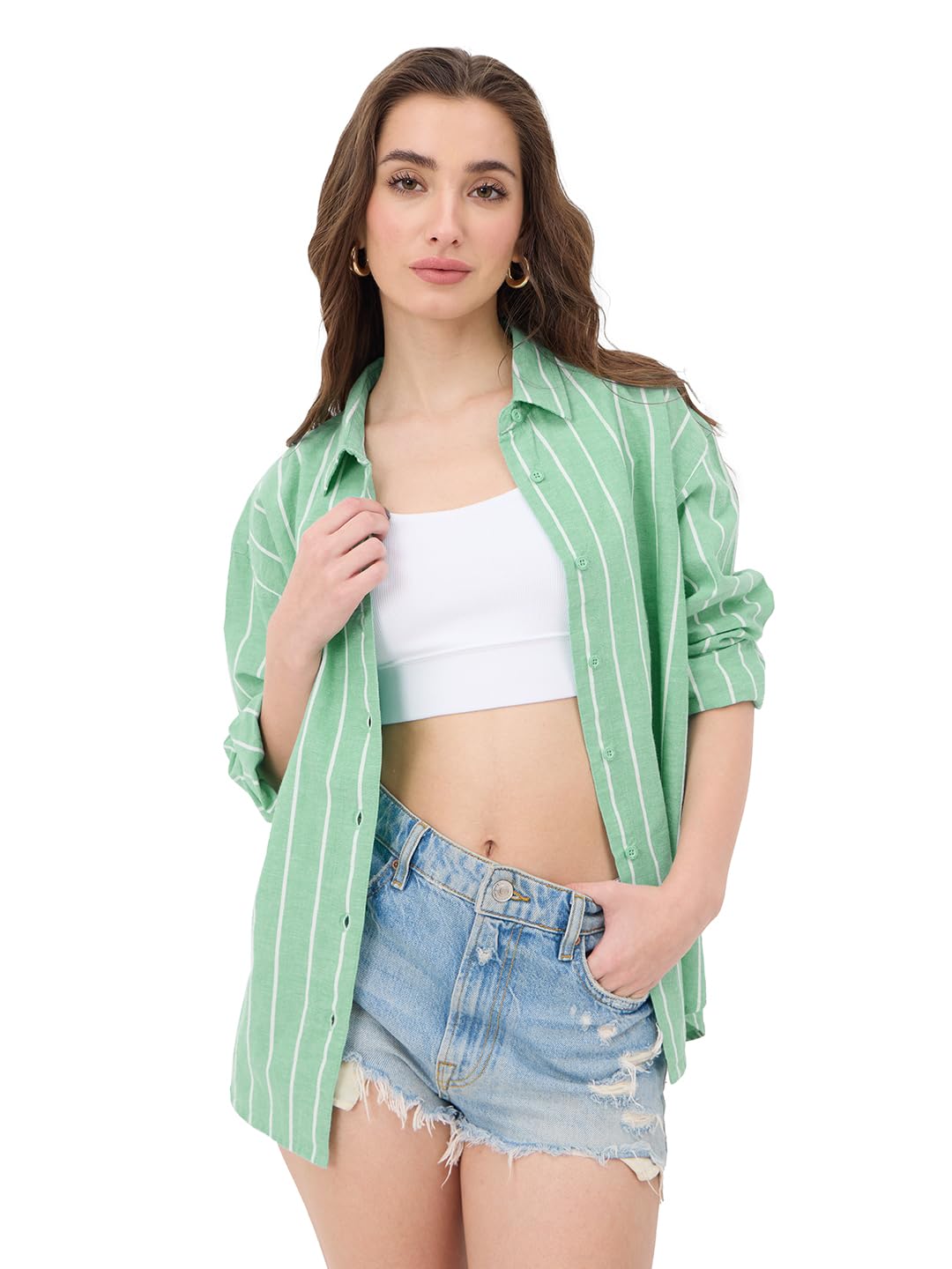 The Souled Store Cotton Linen Shirt: Foliage Women and Girls Long Sleeves Collared Neck Button Front Green Cotton Linen Boyfriend Shirts