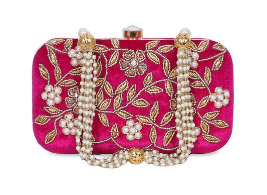DUCHESS Women's Velvet Zari Zirkon Box Clutch Purse (Fuchsia)
