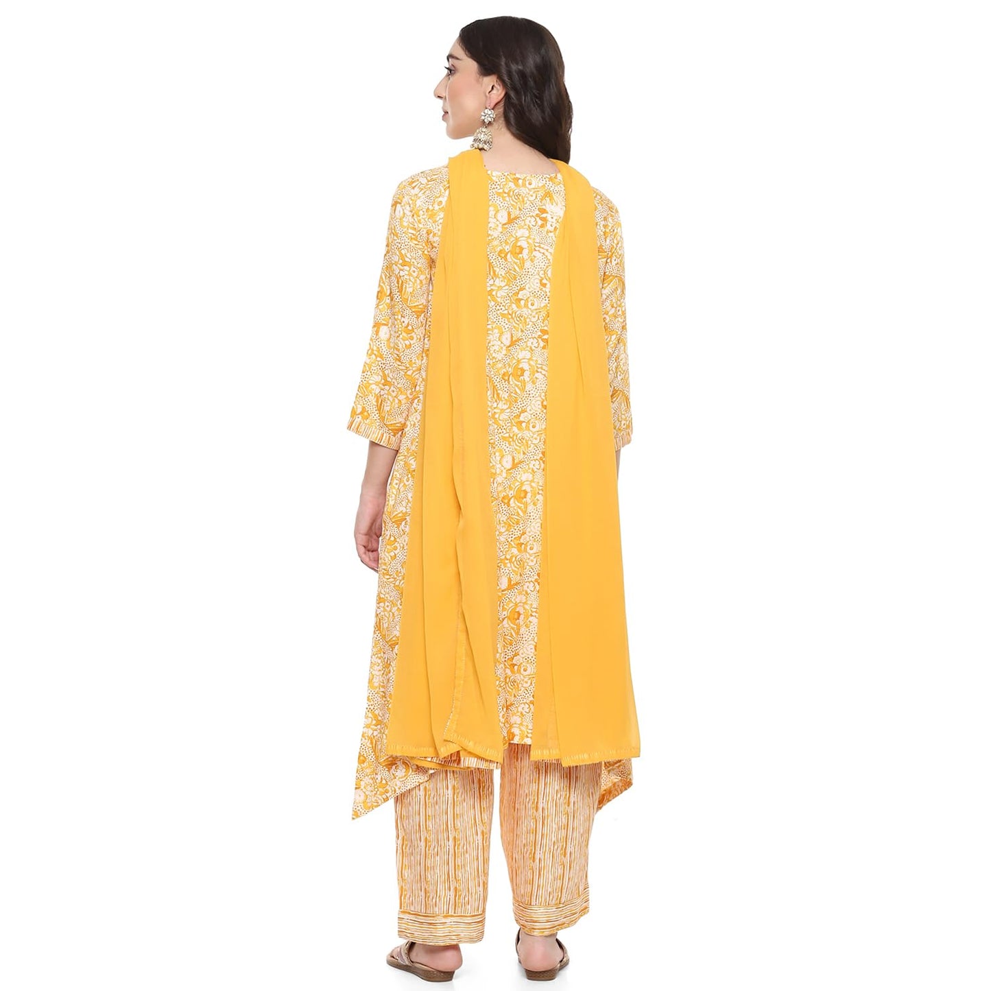 BIBA Women's Rayon Printed Straight Kurta Salwar Kurta Dupatta (Skd9677_Yellow_34)