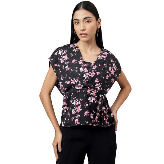 Latin Quarters Women Black Cap Sleeve V-Neck Printed Top_XXL
