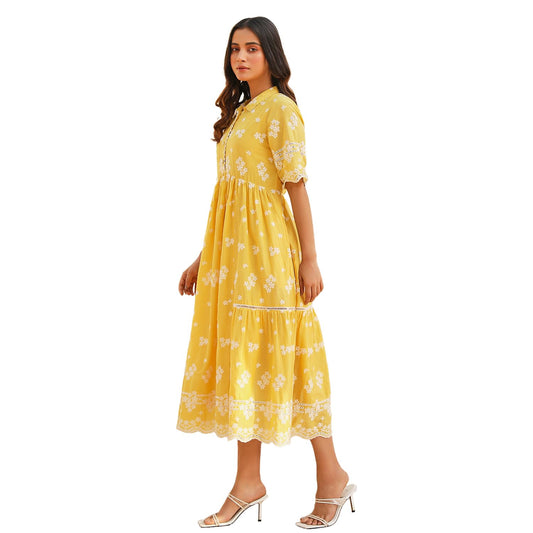 BIBA Women Cotton Tiered Printed Casual Dress Ankle Length CASUAL2404SS24YEL_Yellow, Large