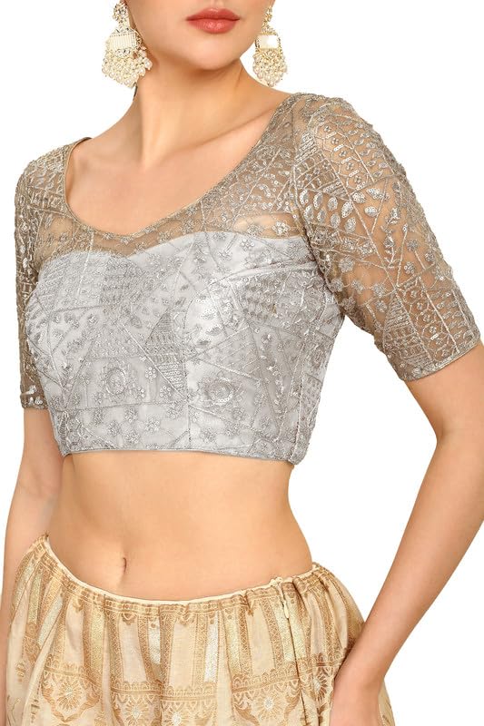 Soch Womens Silver Zari Embroidery Net Padded Blouse with Sequins