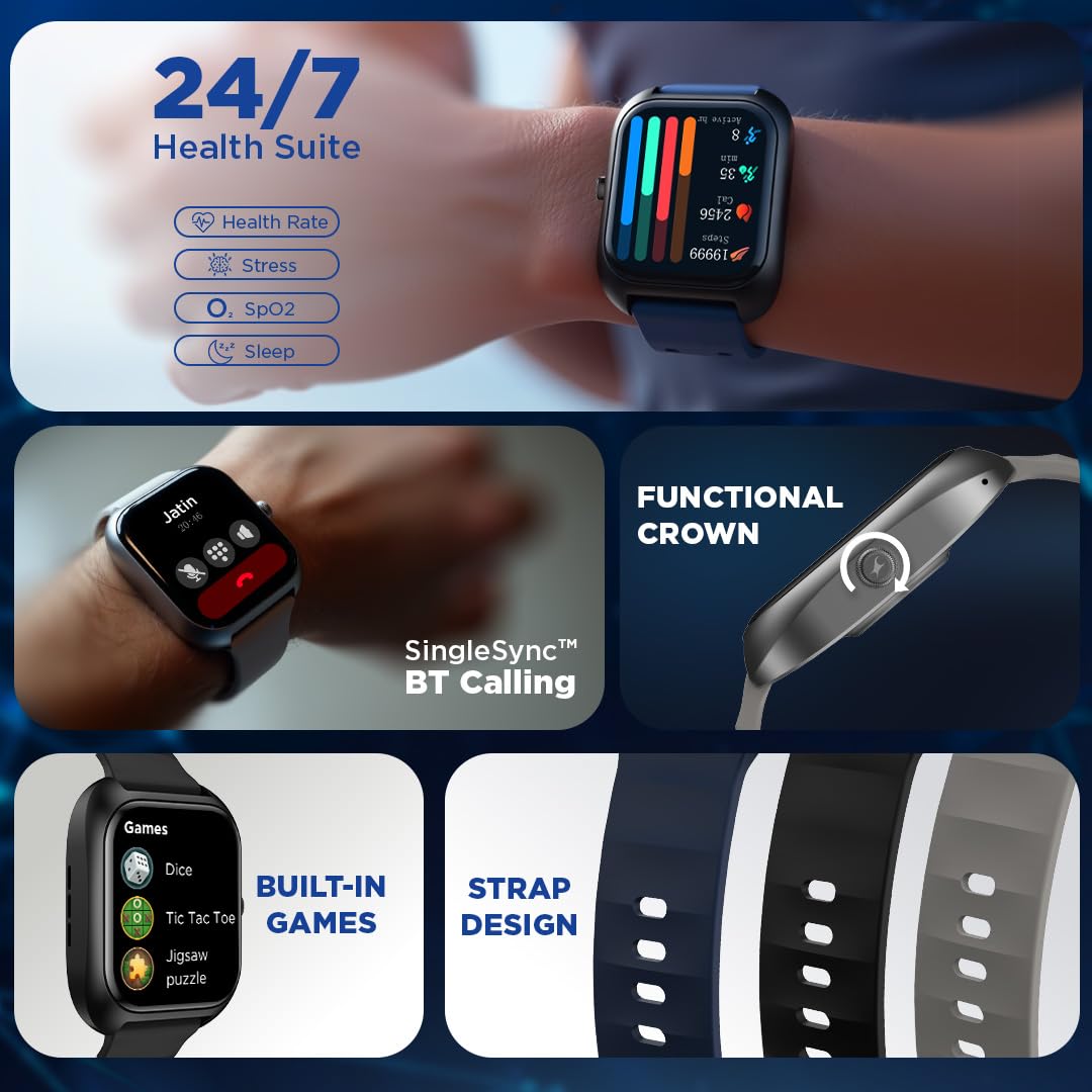 Fastrack Vox Plus 1.85” Smart Watch for Men & Women with Ultra VU Display,to-do List,BT Calling, Offline Voice Commands, 24/7 Health Suite (SPO₂, HRM, Sleep), IP68, Games & Multiple Watch Faces