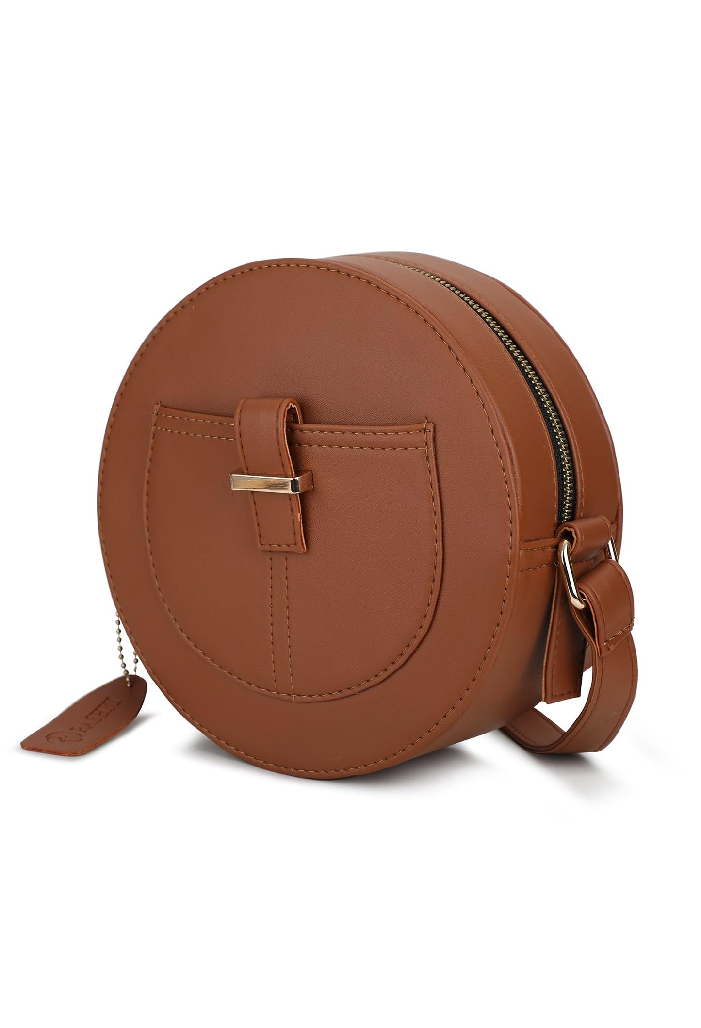 RASHKI TERRA - Womens Vegan Leather Sling Bag| Spacious Compartment| Perfect for Daily Use| Travel | Party| Round Bag | Zipper closure (TAN)