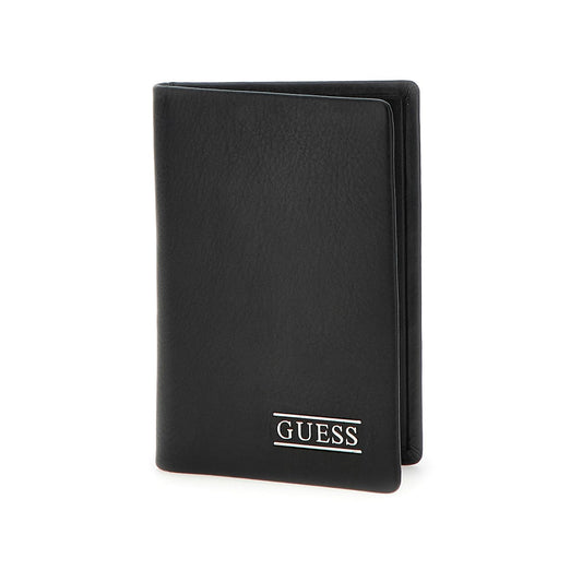 GUESS Black Solid Leather Bi-Fold Card Holder