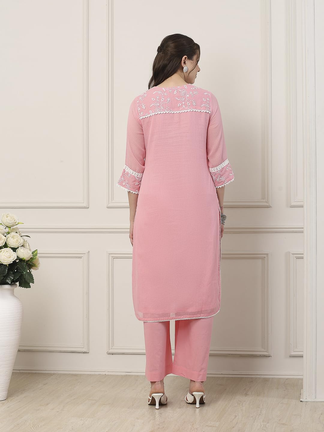 Biba Women Pink Cotton Straight Suit Set_34