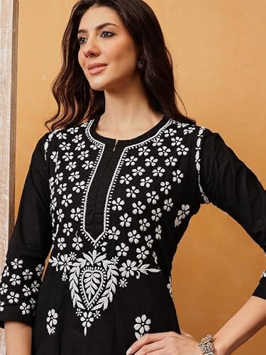 Ada Hand Embroidered Lucknowi Chikankari Cotton Kurta Kurti for Women A411750 Black (XL)