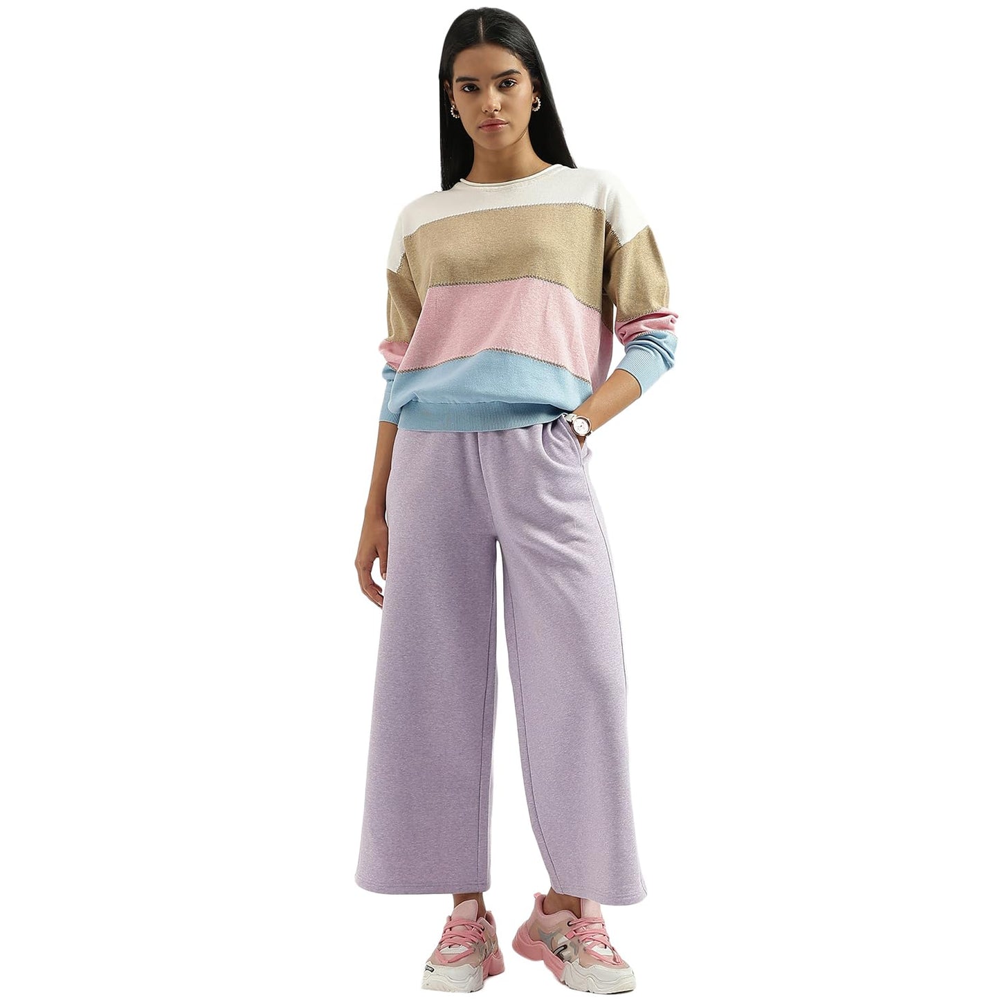 United Colors of Benetton Round Neck Colorblock Top (Size: L)-24A1LURCB704I901 Multicolour