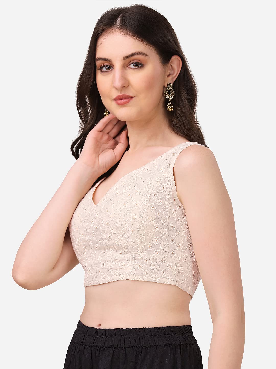 OOMPH! Women's Indian Ethnic Wear Designer Leaf Pattern V Neck Sleeveless Cotton Off-White Blouse for Saree or Lehnga and BlousePalazzos or Skirts for a Fusion Twist.