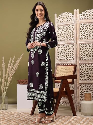 Ada Hand Embroidered Lucknowi Chikankari Cotton Kurta and Pant Set for Women A811276 Wine (S)